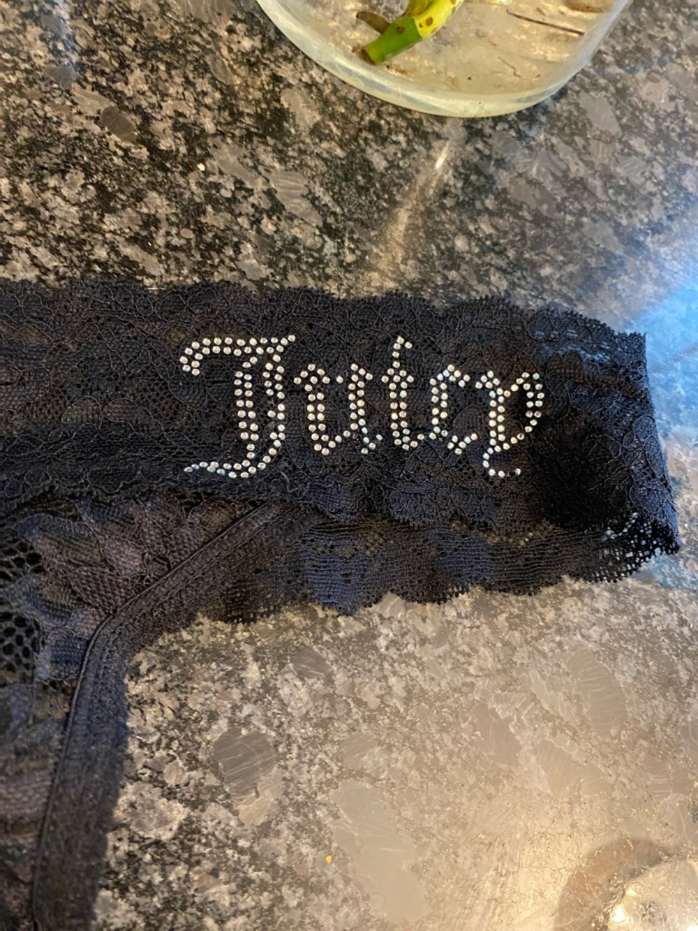 Juicy Couture Black Lace Thong with Rhinestone Logo